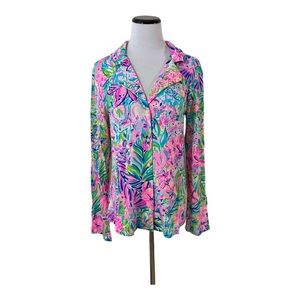 Lilly Pulitzer PJ Knit Button Up Top Lillys Favorite Things Sz L Pink Blue